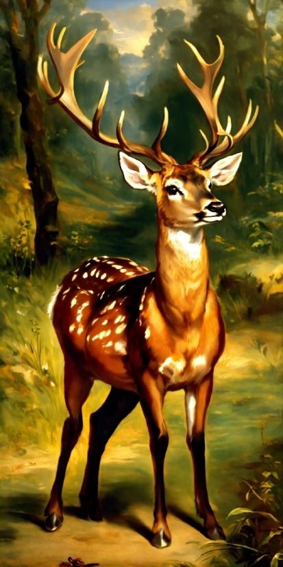 Nature, Deer, Organism, Art, Painting, Fawn