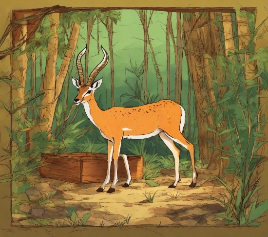 Nature, Organism, Branch, Deer, Painting, Art