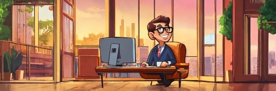 Output Device, Personal Computer, Table, Computer Monitor, Smile, Cartoon