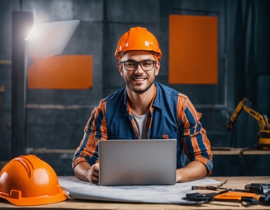 Pamphlet Design, Glasses, Smile, Hard Hat, Computer, Workwear