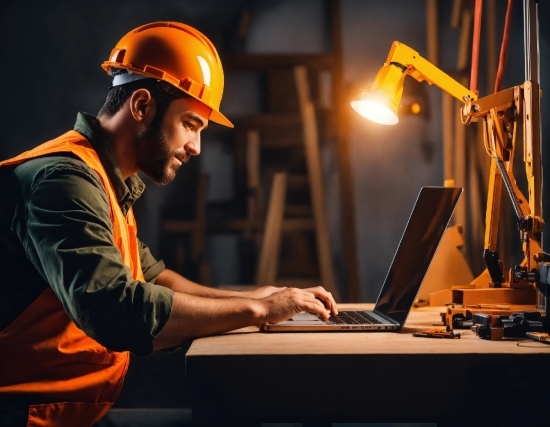 Personal Computer, Computer, Laptop, Table, Workwear, Hard Hat
