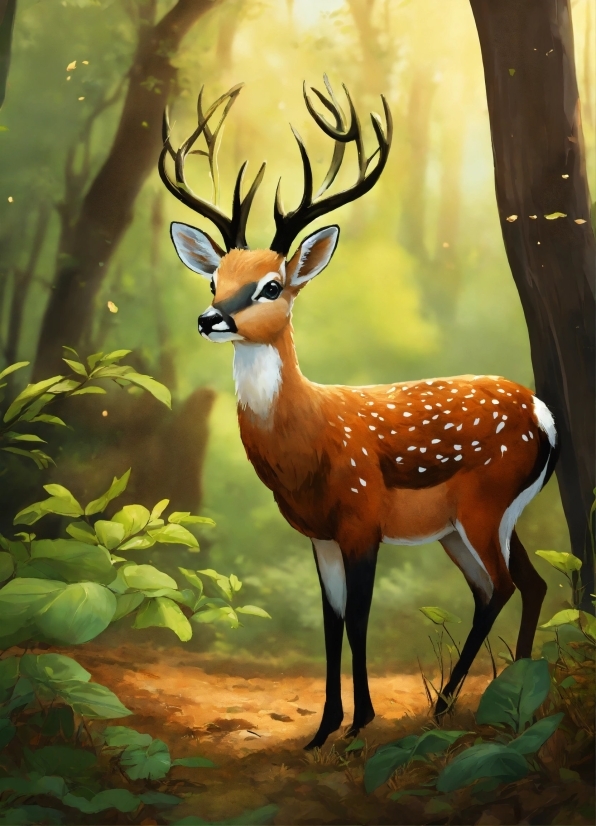 Plant, Deer, Natural Environment, Organism, Fawn, Painting