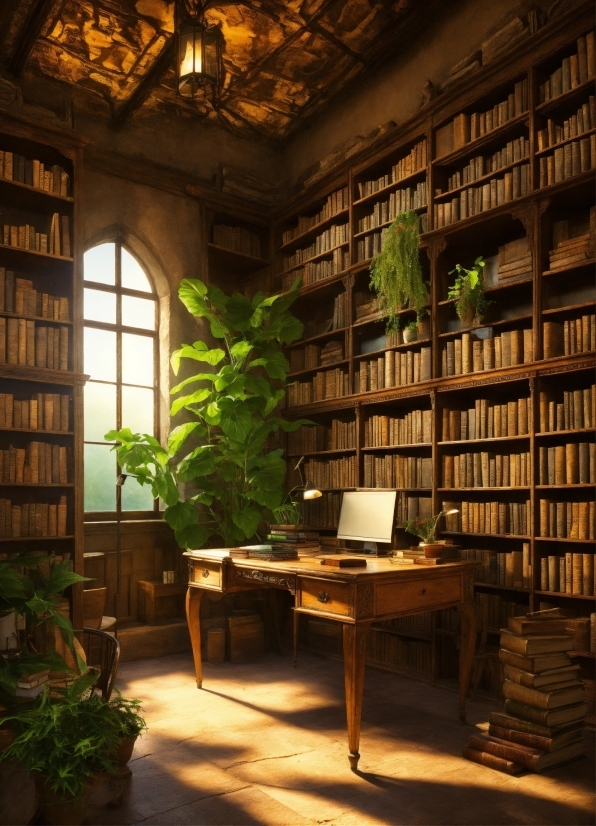 Plant, Furniture, Table, Bookcase, Shelf, Building