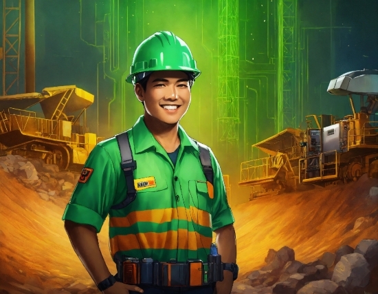 Smile, Helmet, Workwear, Hard Hat, Green, Human