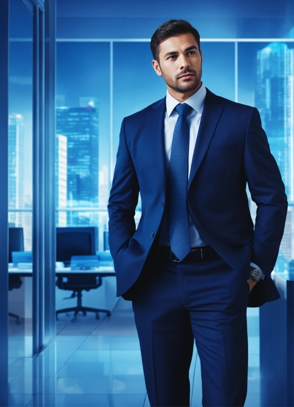 Suit Trousers, Blue, Dress Shirt, Flash Photography, Sleeve, Standing