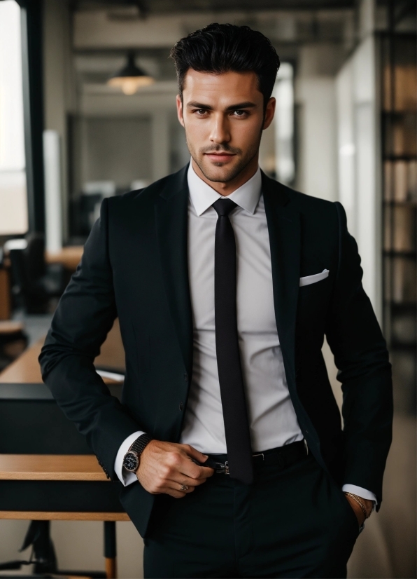 Suit Trousers, Dress Shirt, Black, Neck, Tie, Fashion