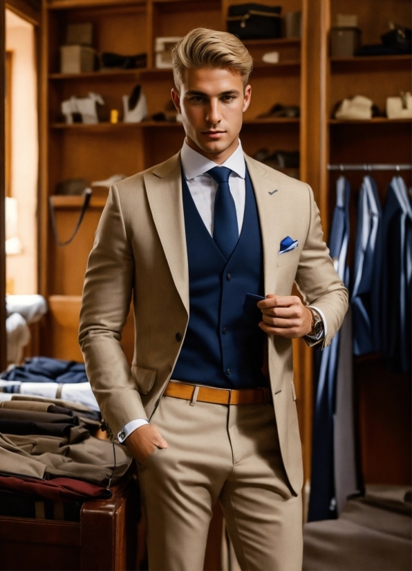 Suit Trousers, Dress Shirt, Sleeve, Khaki Pants, Collar, Suit