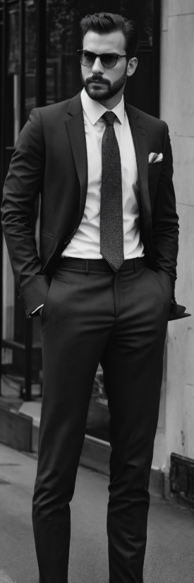 Suit Trousers, Outerwear, Dress Shirt, Black, Sleeve, Waist