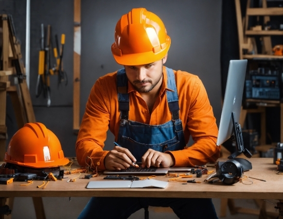 Table, Hard Hat, Workwear, Tradesman, Helmet, Computer