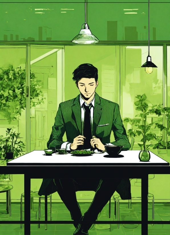 Table, Plant, Green, Coat, Hat, Line