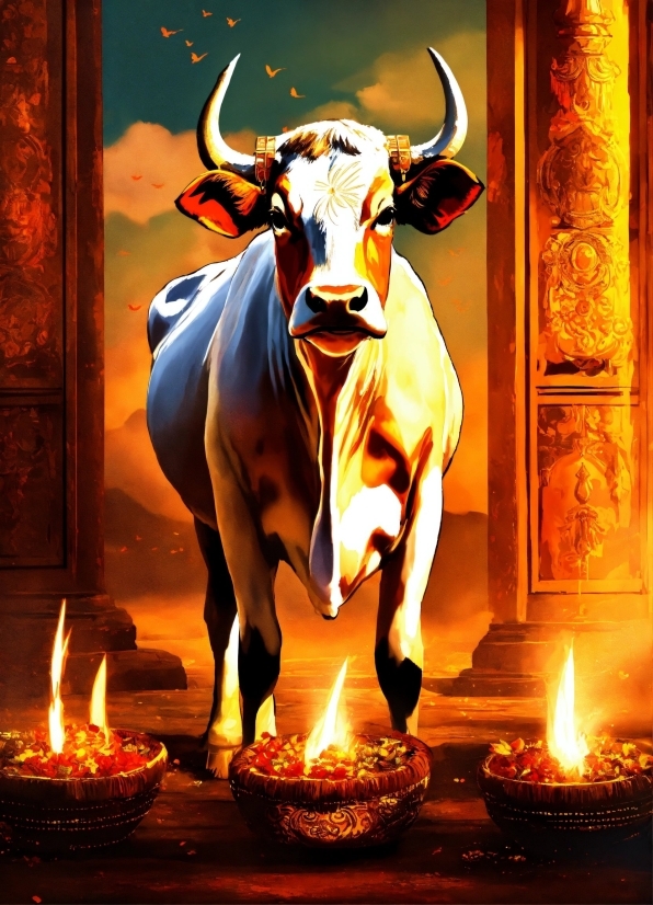Temple, Fire, Candle, Flame, Bull, Working Animal