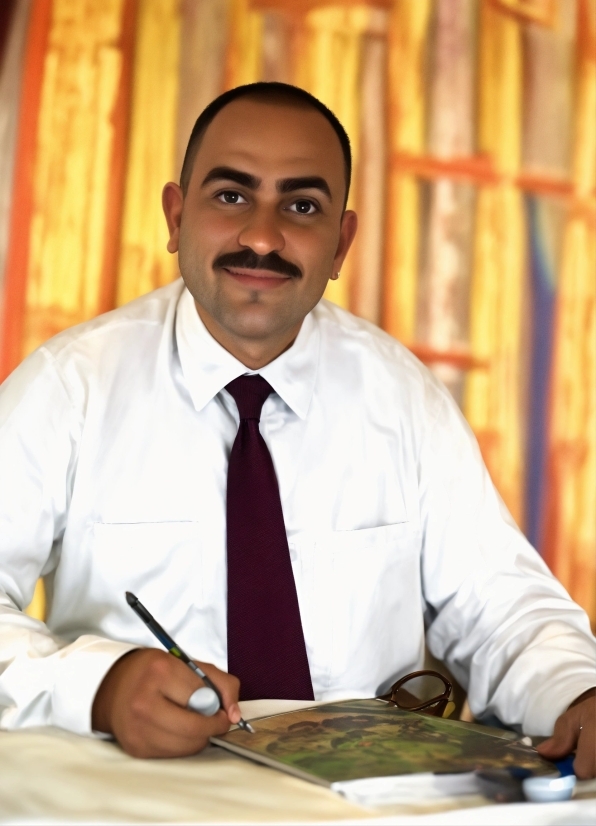 Topaz Photo Editing, Smile, Tie, Dress Shirt, Collar, Table