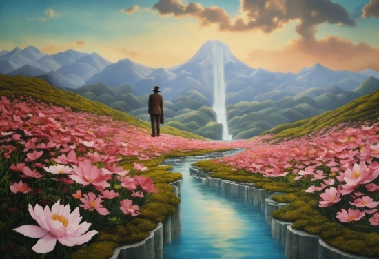 Flower, Water, Cloud, Plant, Mountain, Natural Landscape