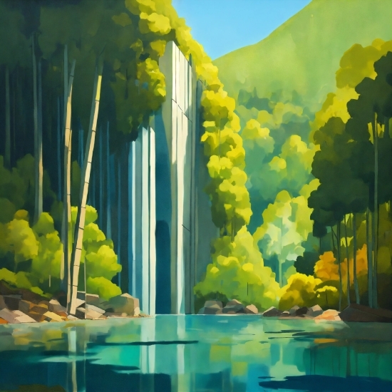 Stable Diffusion Upscale, Water, Sky, Art Paint, Green, Light