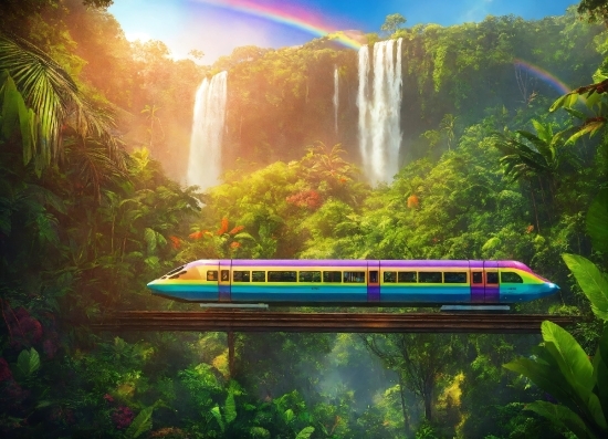 Train, Plant, Sky, Vehicle, Water, Green