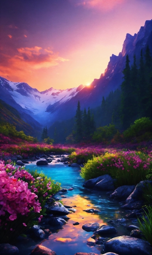 Water, Flower, Cloud, Sky, Plant, Mountain
