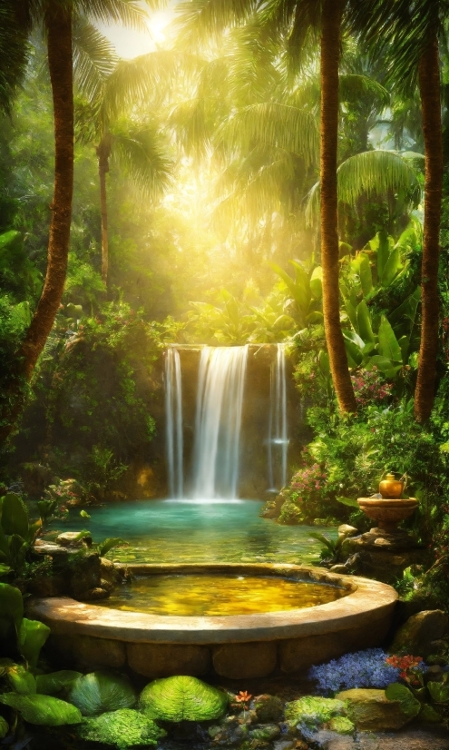 Water, Plant, Green, Light, Natural Landscape, Waterfall