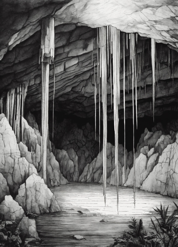 Water, Plant, Wood, Black-and-white, Style, Cave