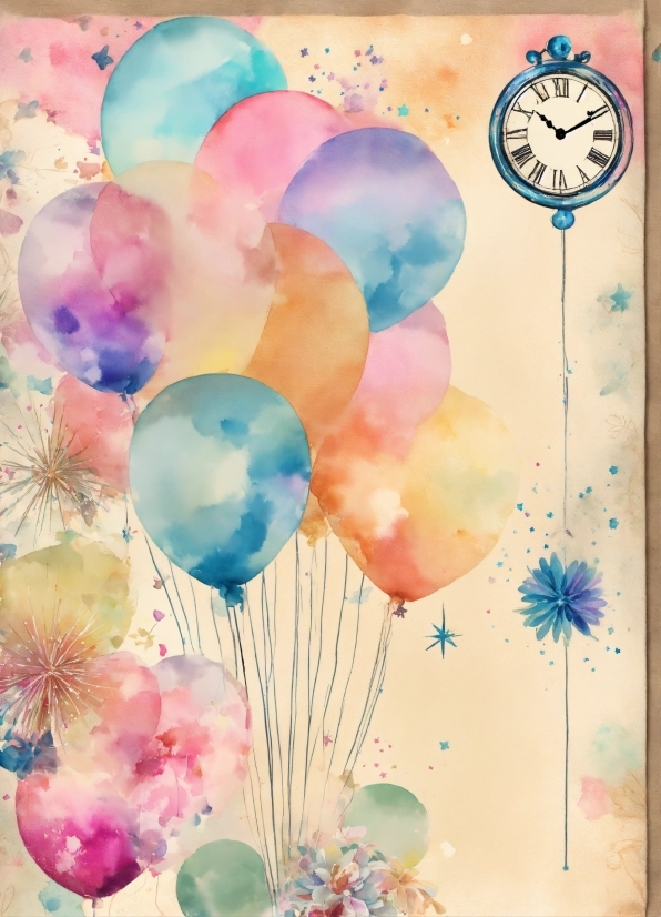 Azure, Balloon, Clock, Pink, Aqua, Art