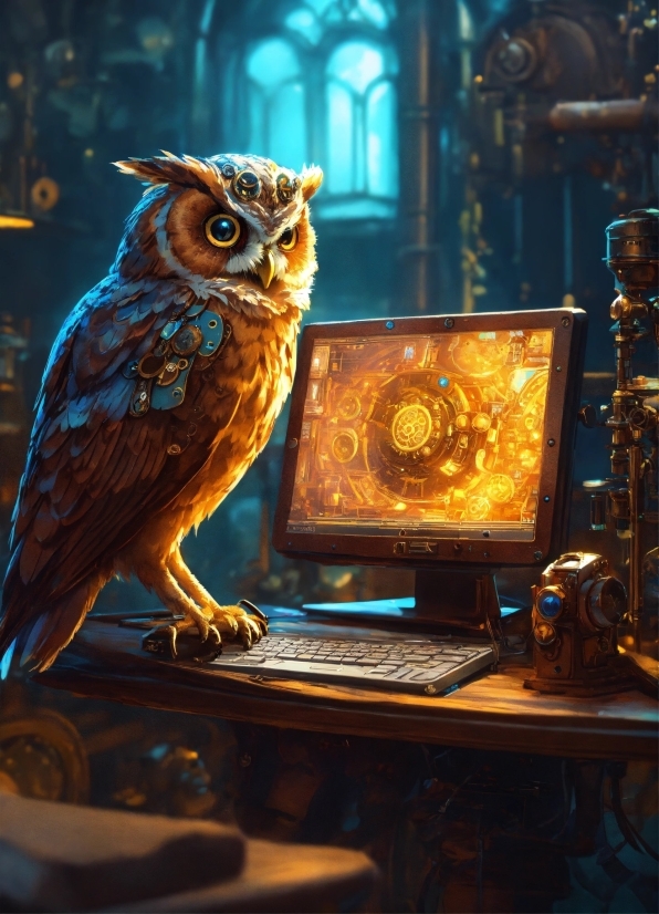 Bird, Computer Monitor, Computer, Table, Owl, Personal Computer