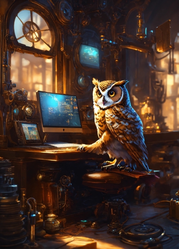 Bird, Window, Art, Owl, Great Horned Owl, City