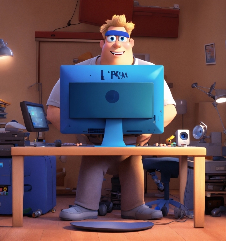 Blue, Table, Toy, Standing, Personal Computer, Output Device