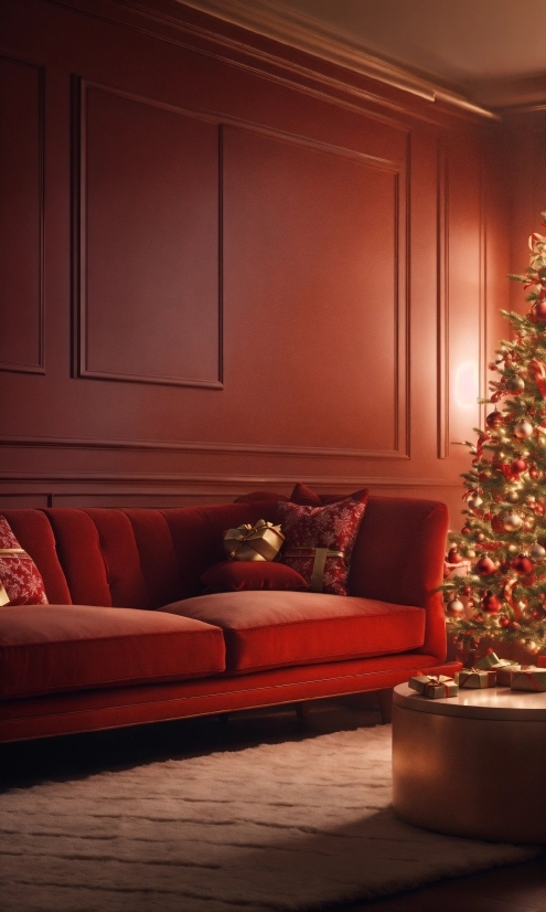 Brown, Christmas Tree, Furniture, Property, Couch, Light