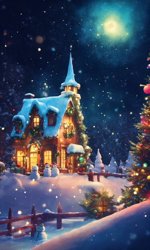 Building, Snow, Christmas Tree, World, Light, Sky