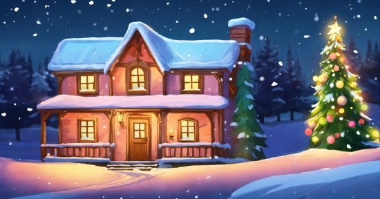 Building, Window, Light, Snow, House, Christmas Tree
