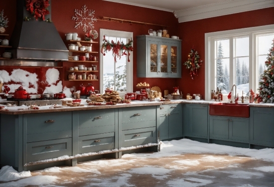 Cabinetry, Countertop, Property, Window, Wood, Christmas Tree