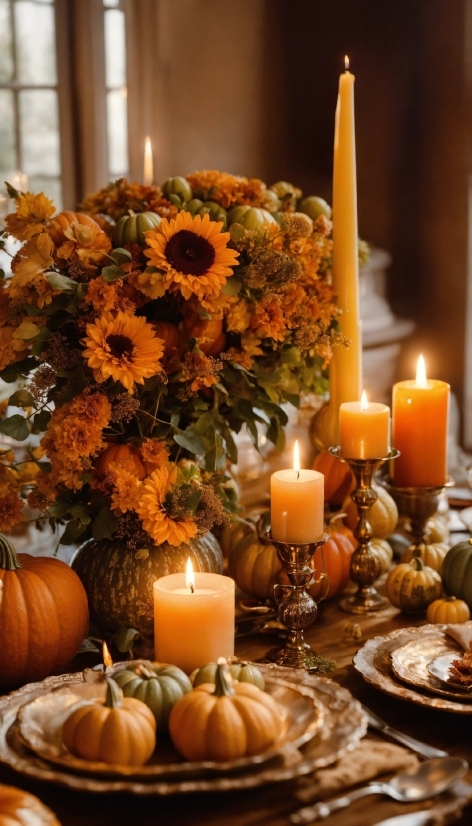Candle, Flower, Plant, Orange, Lighting, Tableware