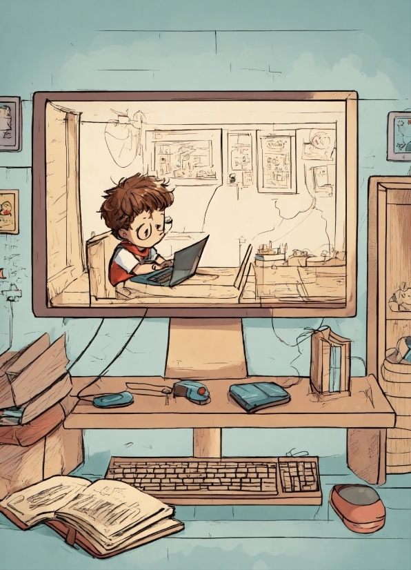 Cartoon, Art, Office Equipment, Computer, Desk, Illustration
