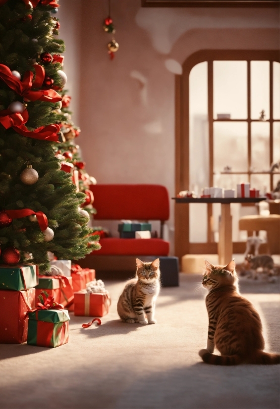 Cat, Christmas Tree, Light, Felidae, Window, Carnivore