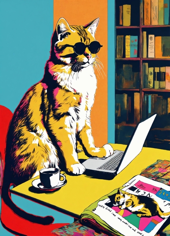 Cat, Computer, Personal Computer, Laptop, Shelf, Yellow
