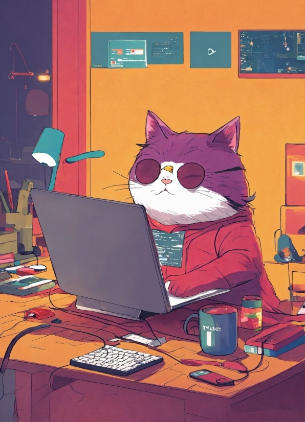 Cat, Personal Computer, Computer, Felidae, Cartoon, Peripheral