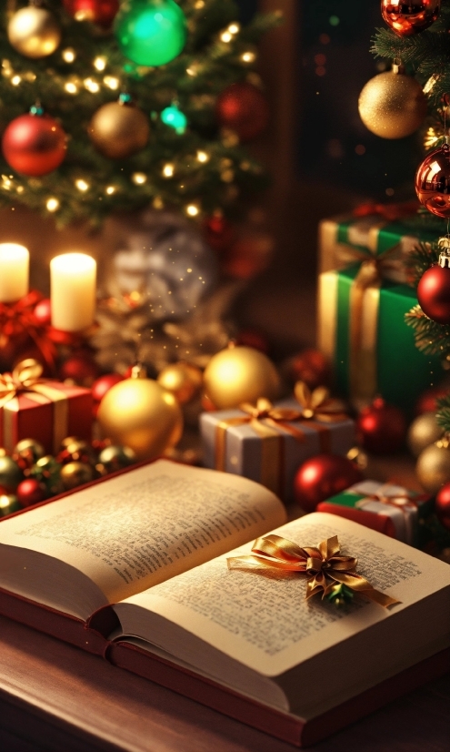 Christmas Ornament, Christmas Tree, Light, Plant, Book, Amber