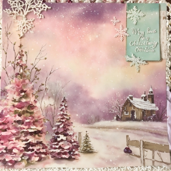 Christmas Tree, Branch, Snow, Pink, Art, Creative Arts