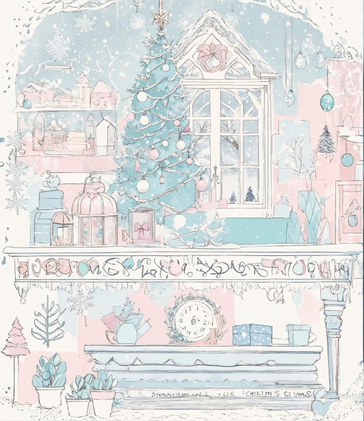 Christmas Tree, Building, Art, Pink, Aqua, Ornament