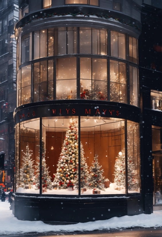 Christmas Tree, Building, Light, Window, Snow, Plant