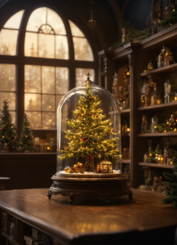 Christmas Tree, Building, Window, Plant, Table, Christmas Ornament