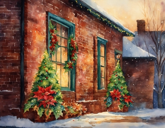 Christmas Tree, Building, Window, Property, Snow, Plant
