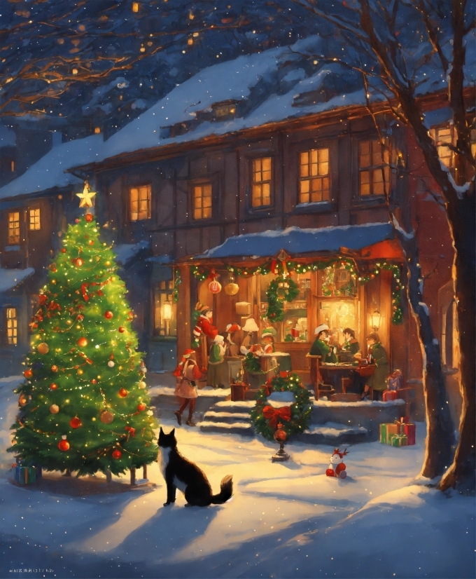 Christmas Tree, Building, Window, Snow, Light, Plant