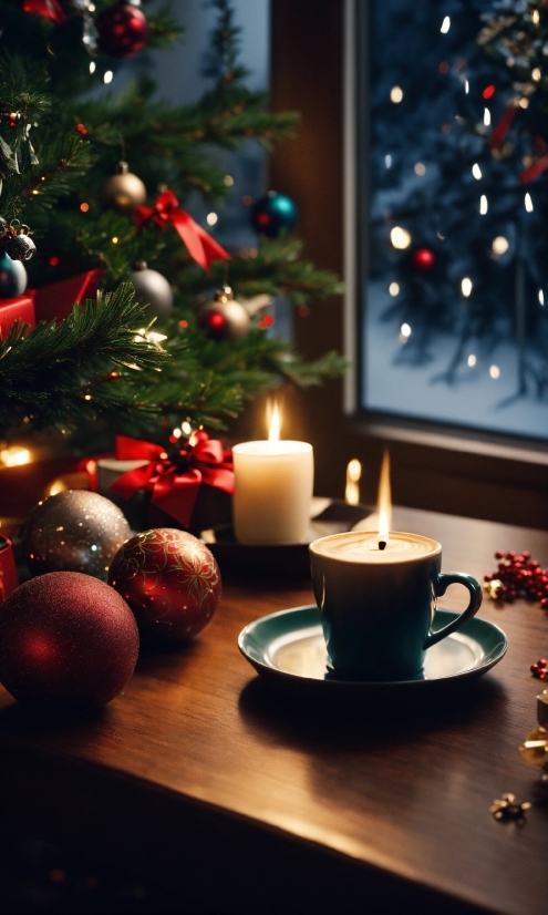 Christmas Tree, Candle, Table, Light, Christmas Ornament, Tableware