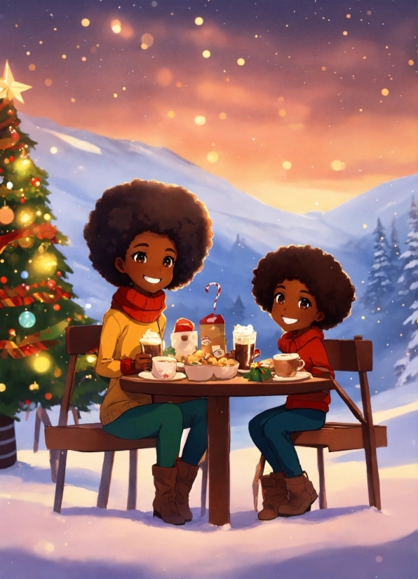 Christmas Tree, Cartoon, Table, Nature, People In Nature, Happy