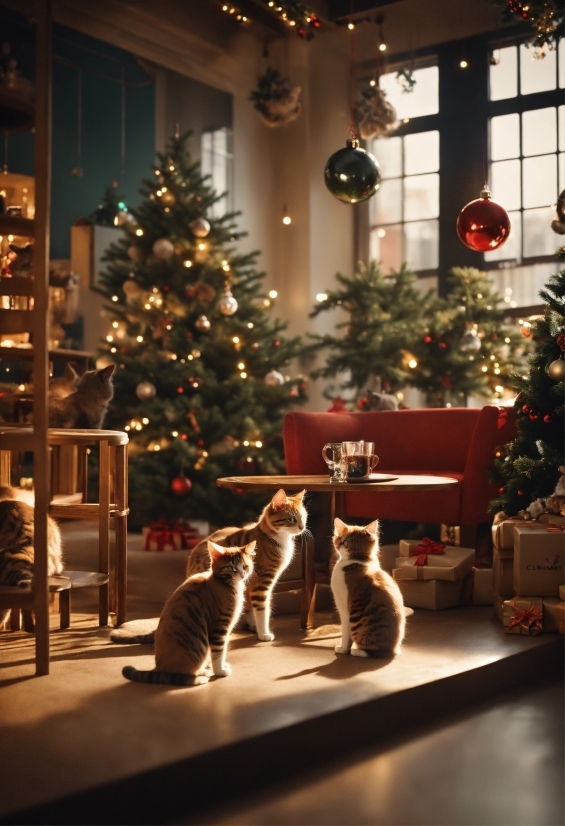 Christmas Tree, Cat, Christmas Ornament, Light, Lighting, Interior Design