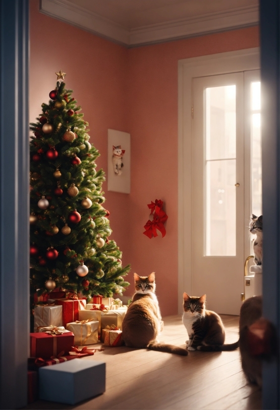 Christmas Tree, Cat, Christmas Ornament, Light, Wood, Interior Design
