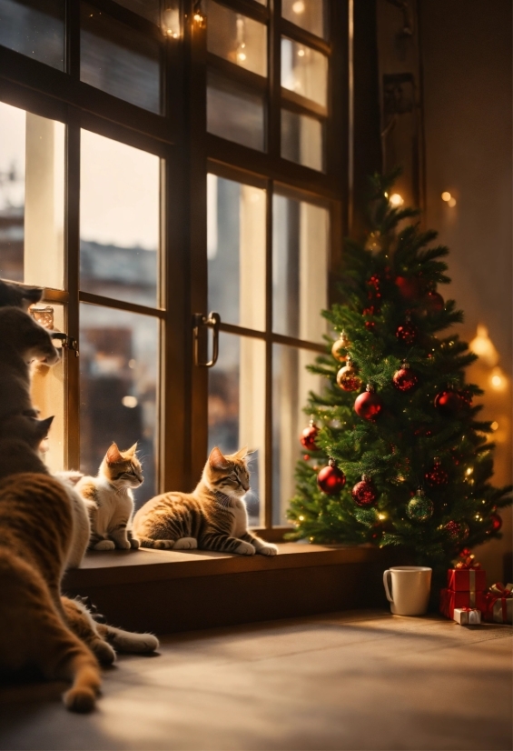 Christmas Tree, Cat, Christmas Ornament, Window, Plant, Felidae