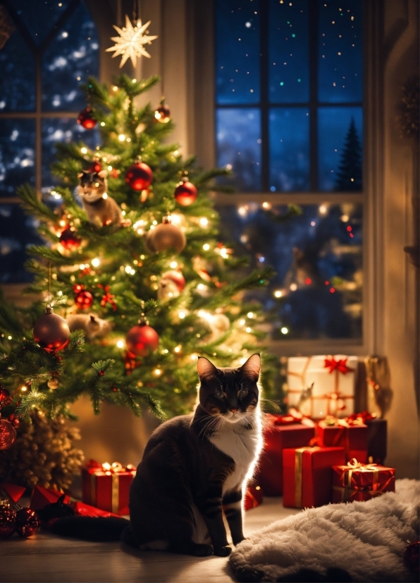 Christmas Tree, Cat, Photograph, Christmas Ornament, Light, Nature