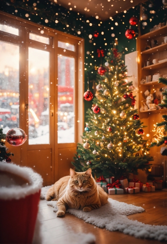 Christmas Tree, Cat, Photograph, Christmas Ornament, White, Light