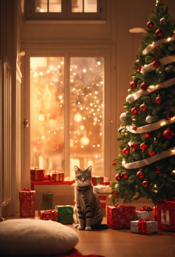 Christmas Tree, Cat, Photograph, Furniture, White, Christmas Ornament